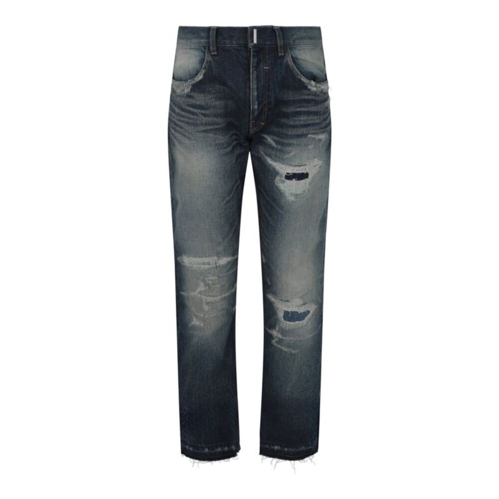 Givenchy Distressed Straight Fit 5 Pocket Jeans Blue Mens